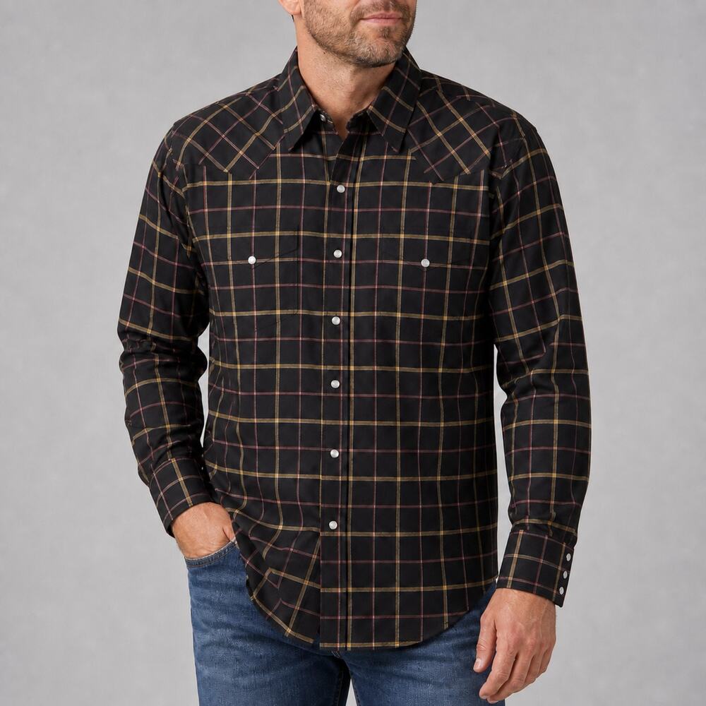 Ely Cattleman Shirt Mens 18.5 36 Black Pearl Snap Wrinkle Resistant Tall Man